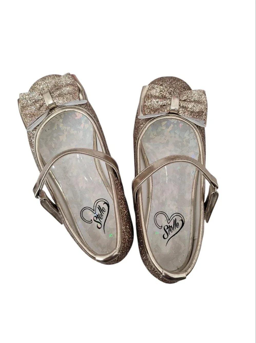 Girls 12 Gold Glitter Metallic Shimmer Wedding‎ Shoes Party Formal Bow Stelle